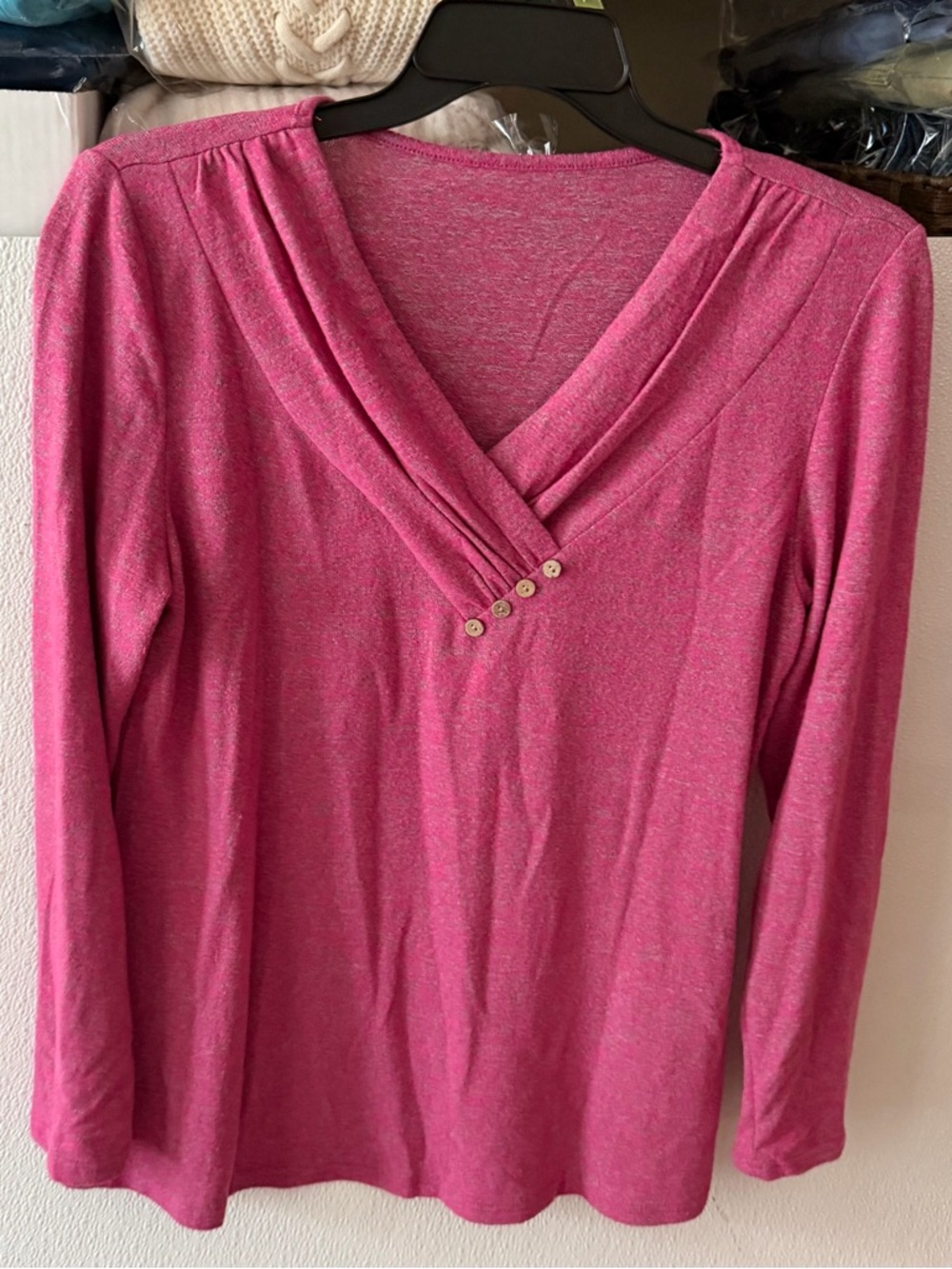 Women's Pink Long-Sleeve V-Neck Top with Button Accent